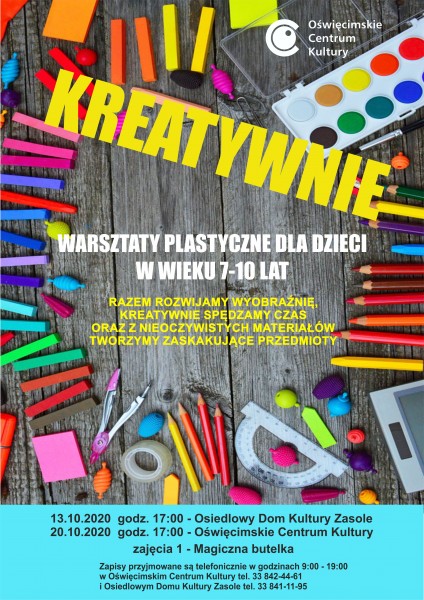 13 i 20 października 2020 roku o godz. 17:00 bezpłatne warsztaty pn. Kreatywnie w ramach projektu Kreacje dla dzieci w wieku 7-10 lat. Zapisy pod nr telefonu 33 841 11 95. Ilość miejsc ograniczona