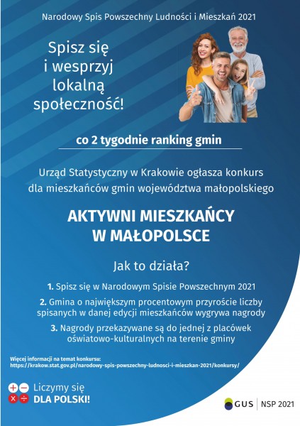 Plakat z niebieskim tłem w róznych odcieniach oraz białą wstęgą w prawym dolnym rogu. W górnym prawy rogu zdjęcie uśmiechniętych osób stojących blisko siebie. Tytuł Aktywni mieszkańcy w Małopolsce