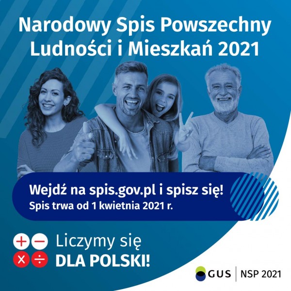plakat przedstawiający czworo uśmiechniętych ludzi na niebieskim tle, tytuł Narodowy Spis Powszechny