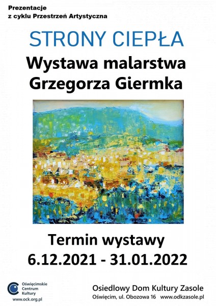 plakat przedstawiający abstrakcyjny pejzaż w kolorach żółtych zielonych i niebieskich