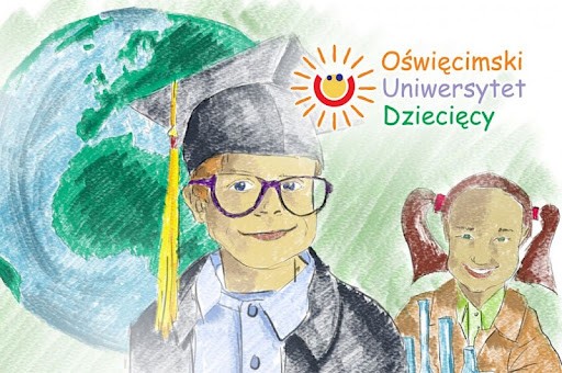 Rysowany plakat przedstawiający uśmiechniętego chłopca i dziewczynkę, w tle malowana kula ziemska