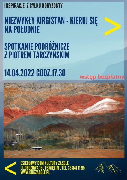 Plakat przedstawiający fotografię stromych gór w kolorach czerwieni, pomarańczu i brązu. 