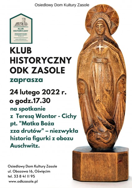 Plakat przedstawiający zdjęcie rzeźbionej drewnianej figury Matki Boskiej
