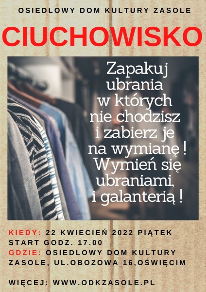 Plakat przedstawiajacy zdjęcie wnętrza garderoby z dużą ilością wiszących różnokolorowych ubrań