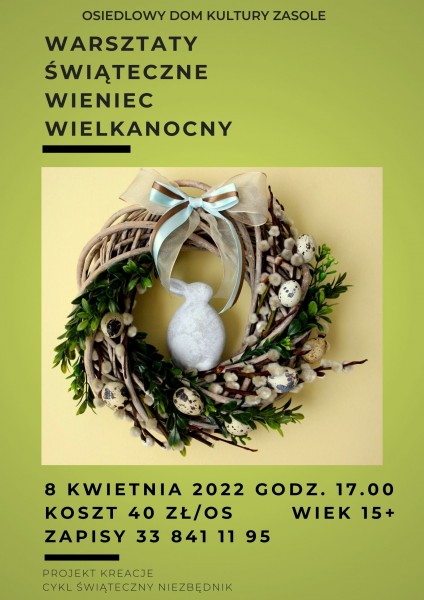 Plakat przedstawiający świąteczny wieniec z baziami, gałązkami cisu, gałązkami i wstążkami. 