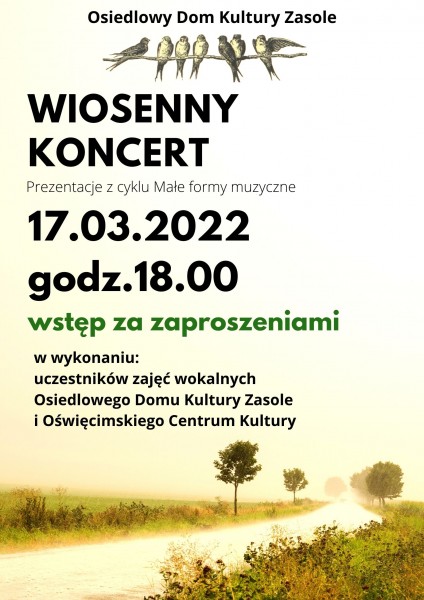 Plakat przedstawiający rysowaną ścieżkę pośród łąk, widać pojedyncze małe drzewka wzdłóż ścieżki. Dominują kolory żółto-zielone