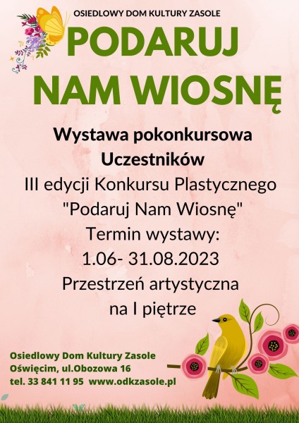 Plakat w odcieniach błękitu i zieleni, przedstawiający rysowaną polanę z drzewami, ptakami i rowerem