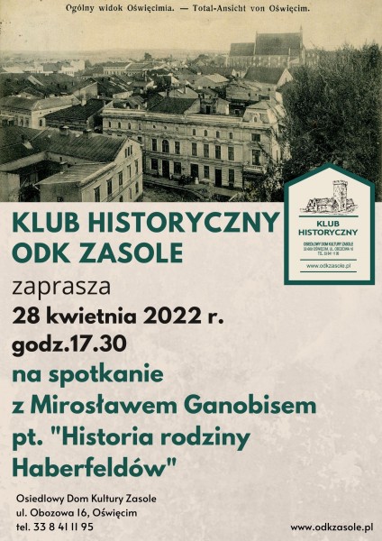 Plakat przedstawiający czarno białe zdjęcie panoramy starego Oświęcimia