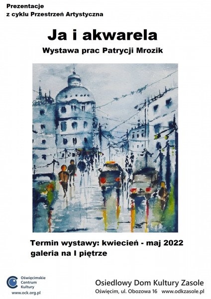 Biały plakat przedstawiający abstrakcyjny rysunek miasta w kolorach bieli i czerni