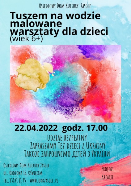 kolorowy akwarelowy plakat w odcieniach niebieskiego czerwieni i żółtego