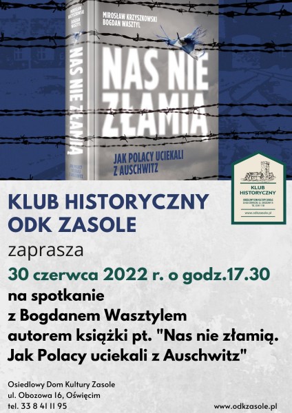 Plakat przedstawiający szarą książkę za drutami kolczastymi