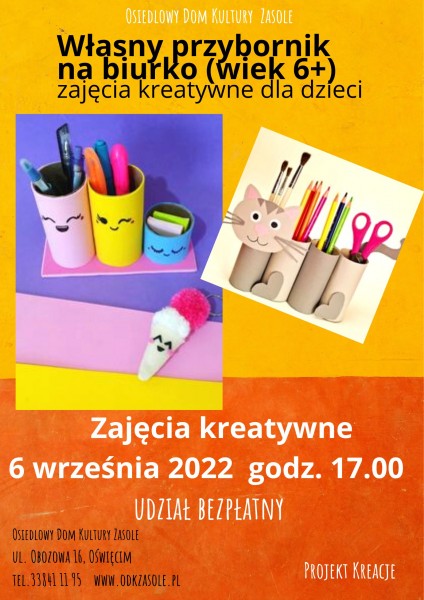 Plakat w kolorach żółtym i pomarańczowym z ręcznie wykonanymi przybornikami 