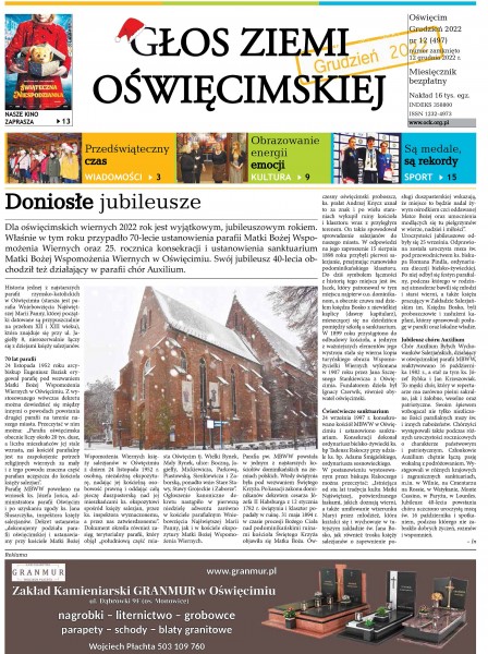 Strona główna gazety Głos Ziemi Oświęcimskiej, białe tło na większości strony drobny druk, zdjęcia, tytuł